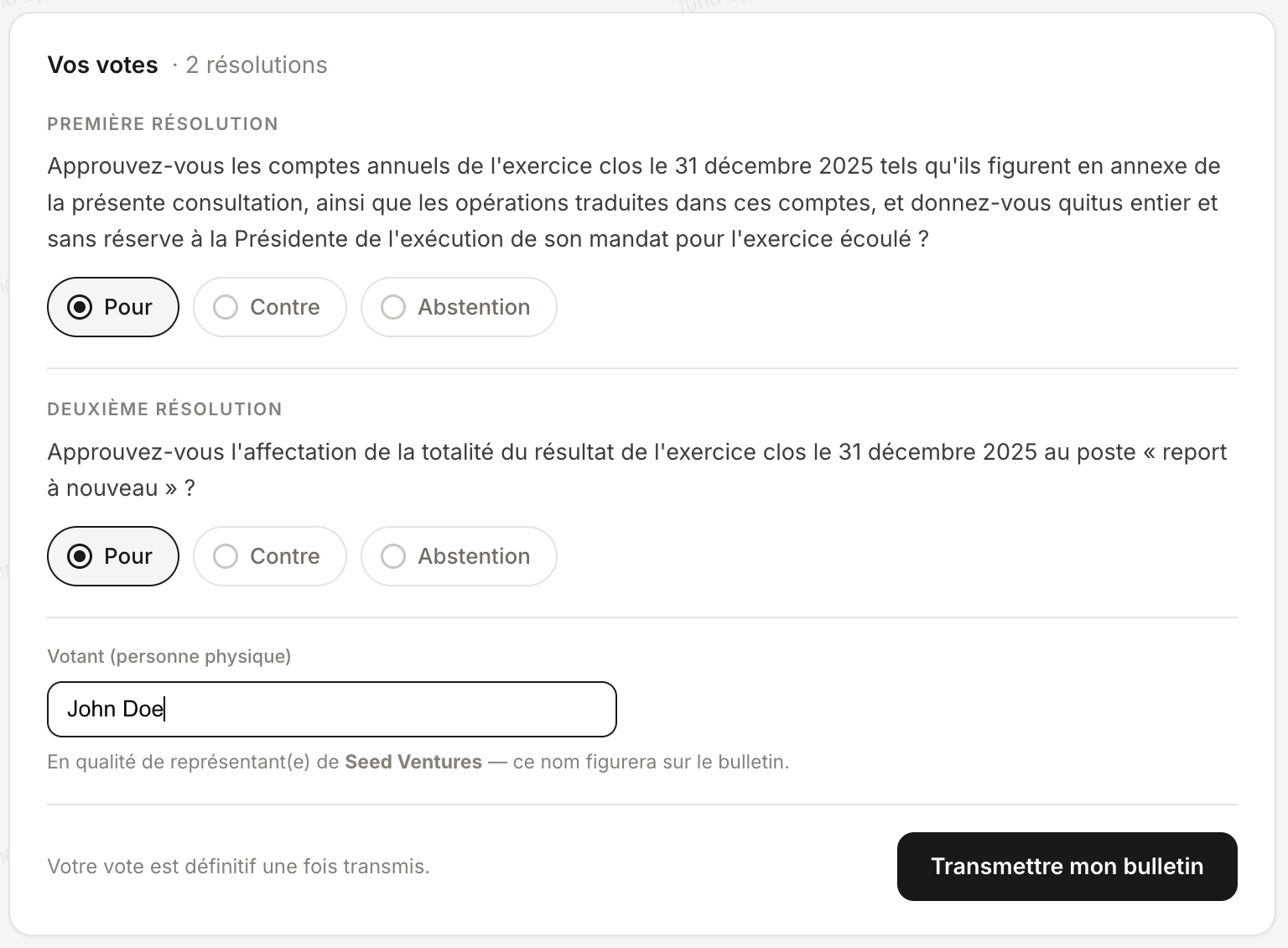 Le bulletin de vote : Pour, Contre ou Abstention pour chaque résolution, nom du votant personne physique pour une personne morale, vote définitif une fois transmis